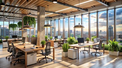 Fototapeta premium Minimalist office interior. Bright. Large windows.