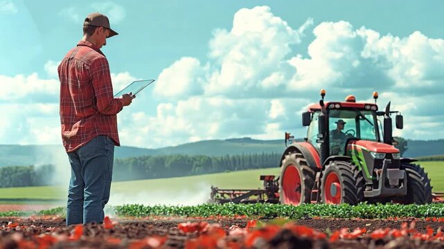 Standing in a farm field with a tractor and other machinery, a farmer uses a tablet to seed the land.