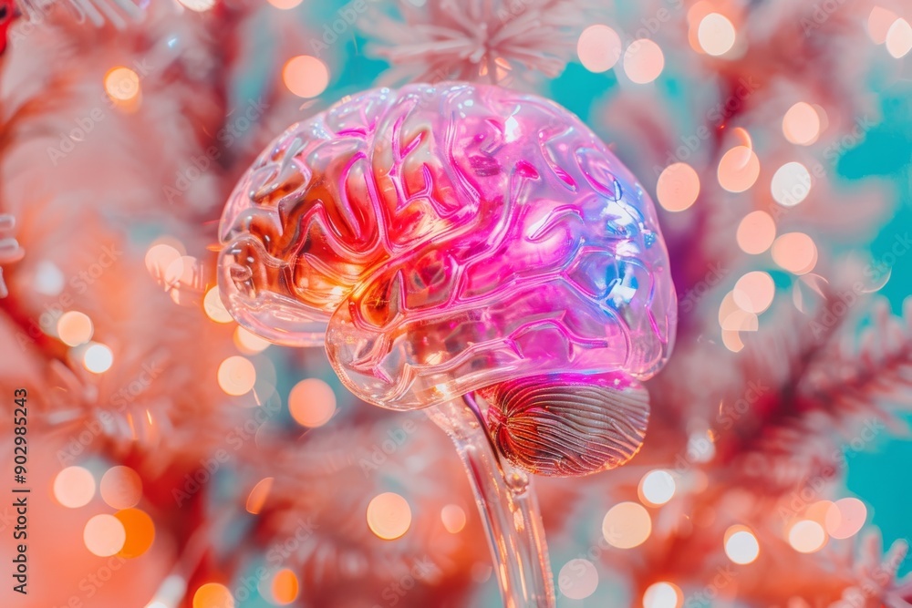 Poster pink brain model with neural connections showcasing advanced technology and creativity in a vibrant 