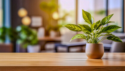 Small Green Plant in Pot on Wooden Table in Modern Office Interior 