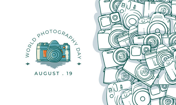 World photography day with simple camera in vintage cartoon design
