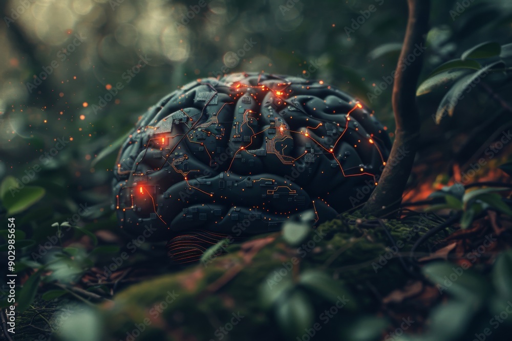 Poster dark neural brain in a forest environment representing the fusion of nature and technology in an inn