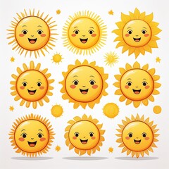 Cute Sun vector illustration set. Sun with different rays and emotions. Children's flat illustration. Sunshine clip art graphics Hand-drawn Digital Illustrations. White isolated background.