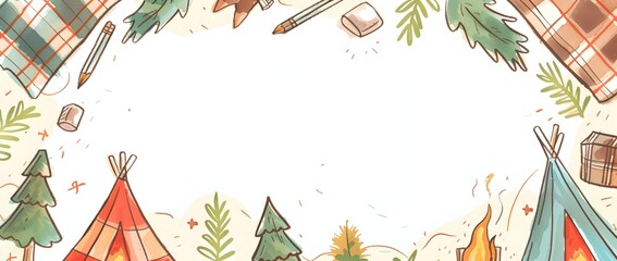 Plaid Camping Doodle Page Print Border Design with Blank Space