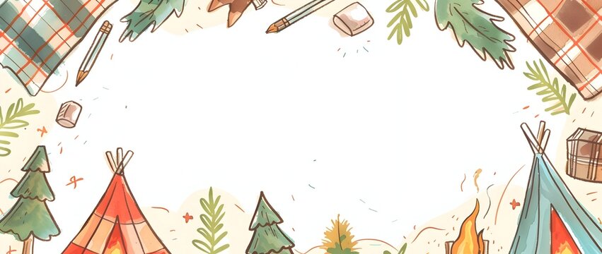 Plaid Camping Doodle Page Print Border Design with Blank Space