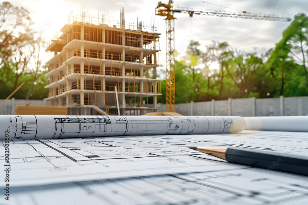 Poster construction site with blueprints and building framework under development