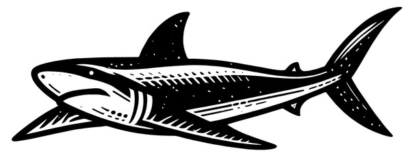 shark tattoo sketch engraving generative ai fictional character PNG illustration. Scratch board imitation. Black and white image. T-shirt design