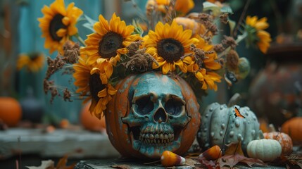 Creative Halloween Decoration Featuring Skull and Sunflowers Arranged on a Rustic Table Outdoors in Autumn