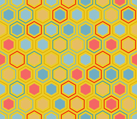 Geometric pattern. Hexagon mosaic background with inner solid cells. Hexagonal cells. Multiple tones color palette. Seamless pattern. Tileable vector illustration.