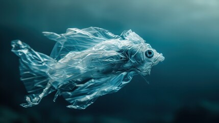 A fish is swimming in the ocean with a plastic bag covering its body. Concept of sadness and despair, as the fish is struggling to swim and breathe with the plastic bag weighing it down