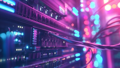 Fototapeta premium Close-up of network cables and internet server with glowing lights in data center, high speed communication technology concept.
