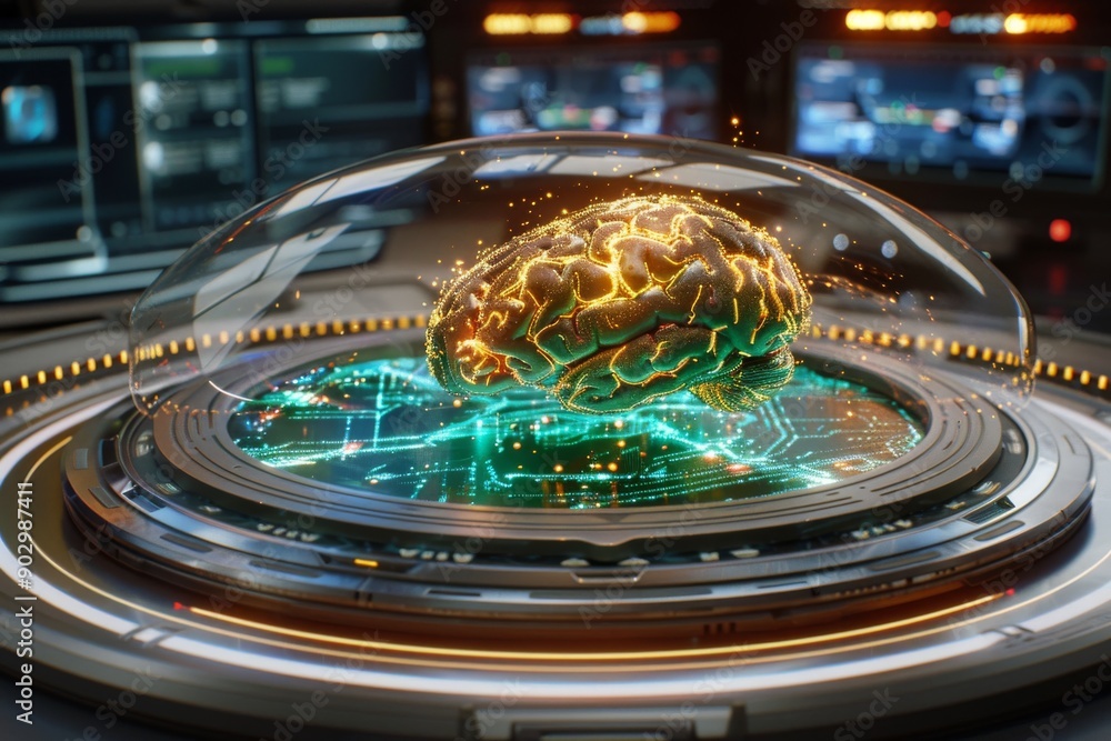 Aufkleber gold neural brain in a digital setting showcasing advanced technology and innovative design.