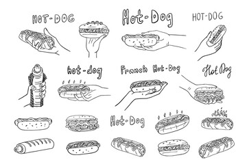 Big set of hot dogs and hot dog in hand with lettering in doodle style. French hot dog. Fast food. Great for menu design, banners, websites, packaging. Hand drawn