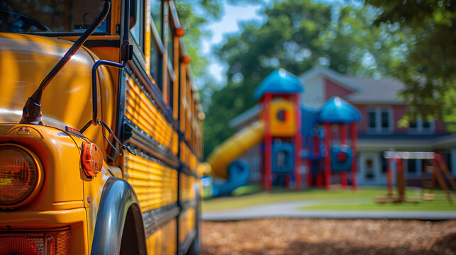 Bright School Bus Parked Outside School Building with Playground Background - Education Concept with Copy Space