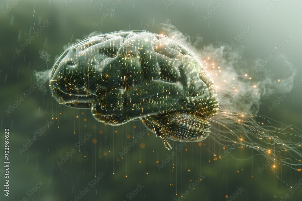 Poster green neural brain in a digital matrix representing advanced technology and creative intelligence.