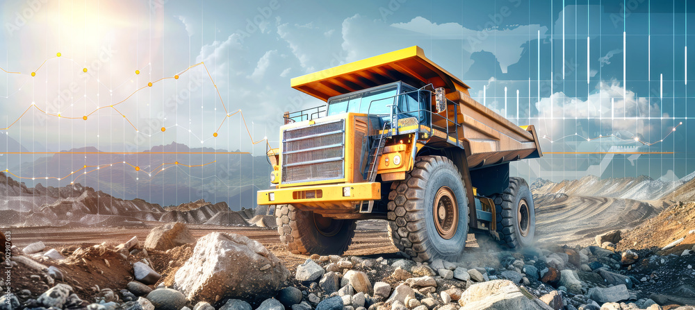 Poster a yellow dump truck traverses a rugged terrain, its path illuminated by a vibrant data visualization