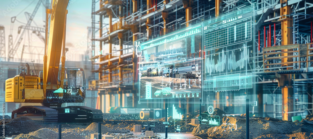 Poster in a futuristic construction scene, a crane and excavator work while a digital screen shows data vis