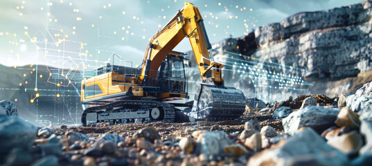 A yellow excavator works on a rocky terrain with a futuristic data visualization overlay of graphs and numbers