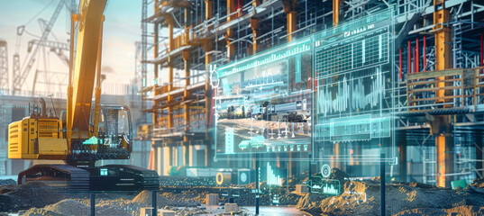 In a futuristic construction scene, a crane and excavator work while a digital screen shows data visualizations and progress charts for the project