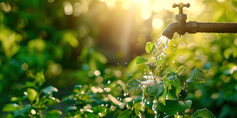 Water flowing from the tap into the lake