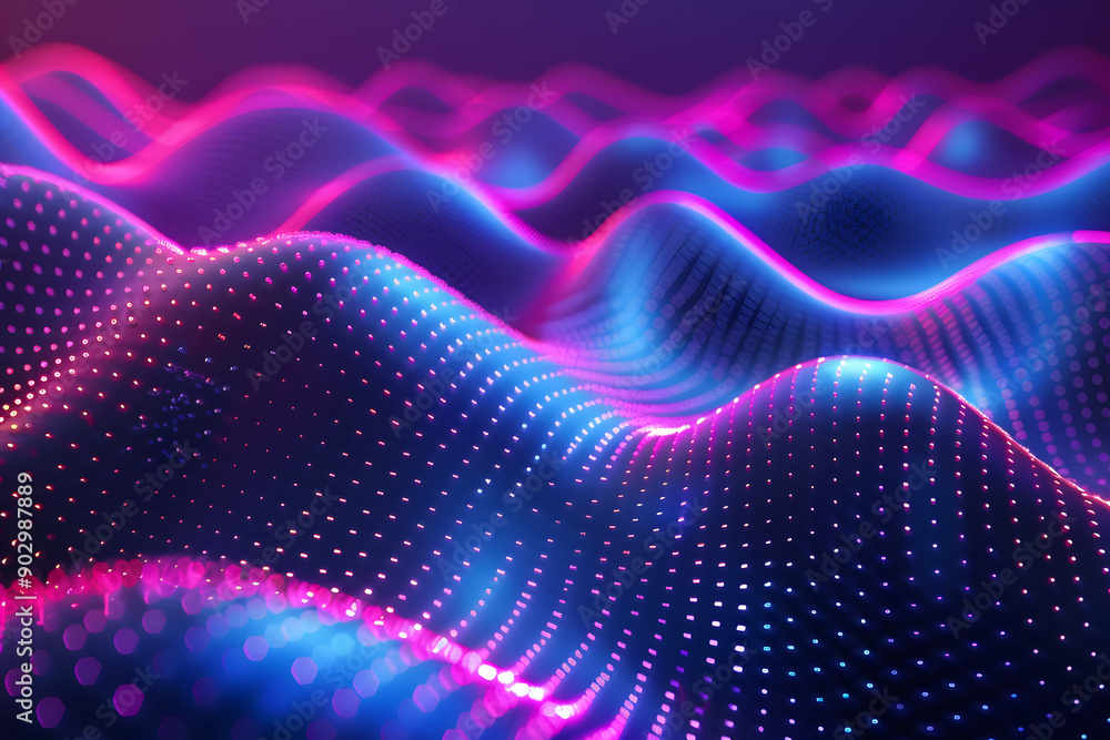 Aufkleber abstract background in the form of many dots and particles. waves of dots in purple blue neon colors