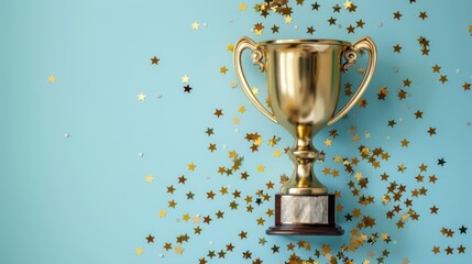 A gold trophy is sitting on a table with a lot of confetti around it. The confetti is in various colors and sizes, and it creates a festive and celebratory atmosphere