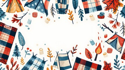 Obraz premium Plaid and Camping Doodle Page Print Border Design with Blank Space