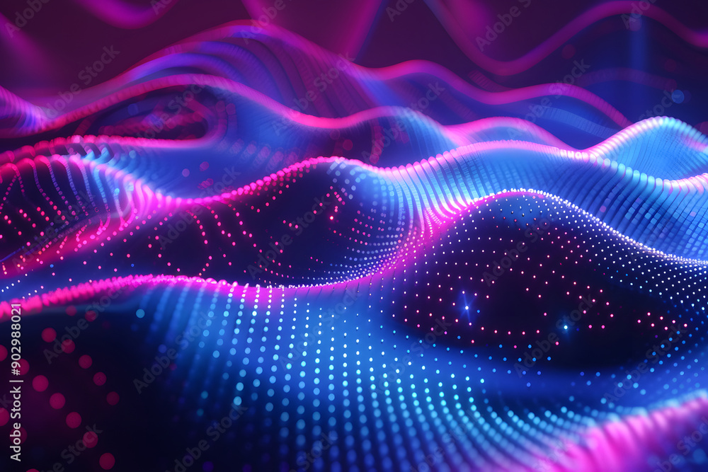 Aufkleber abstract background in the form of many dots and particles. waves of dots in purple blue neon colors