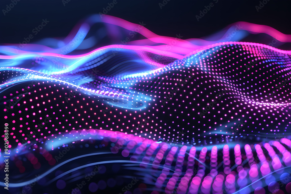 Poster abstract background in the form of many dots and particles. waves of dots in purple blue neon colors