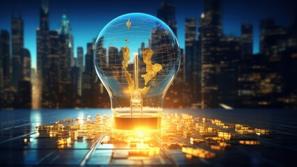 Transparent light bulb featuring a world map glowing with golden lights in a cityscape background, representing global innovation, connectivity, and technological advancements.