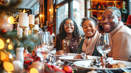 A happy family gathers around the Christmas table, sharing laughter and joy during a delightful dinner celebration in a cozy restaurant