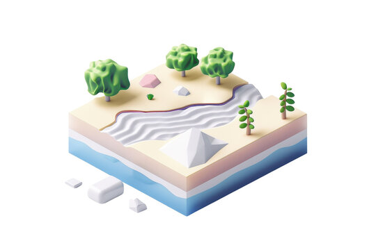 Isometric illustration showing a 3D slice of land with forest, river, rocks, and trees, representing natural landscape elements.