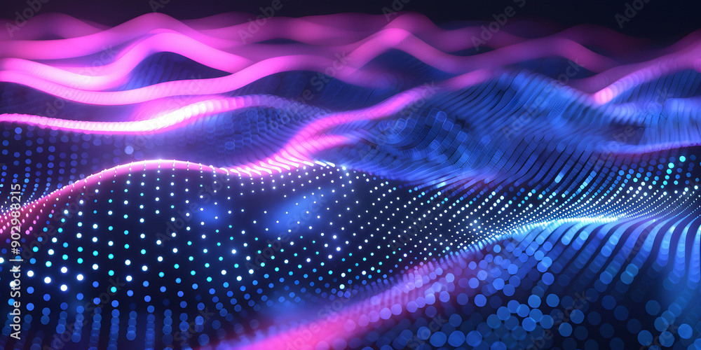 Poster abstract background in the form of many dots and particles. waves of dots in purple blue neon colors