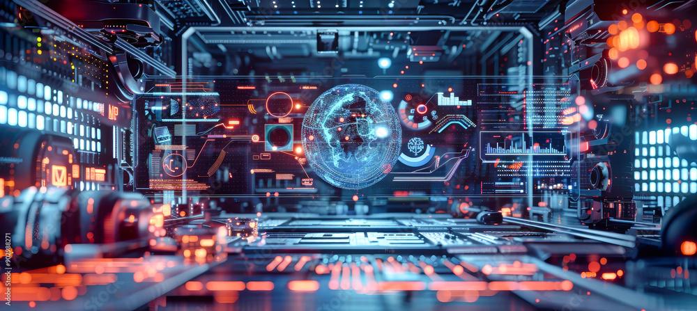 Poster a futuristic network control center displays intricate holographic data streams, revealing a network