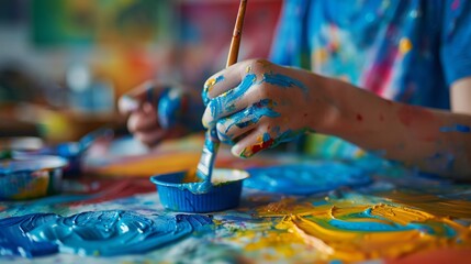 Obraz premium A childs hands are covered in colorful paint while mixing blue and yellow hues on a vibrant table during an art activity.