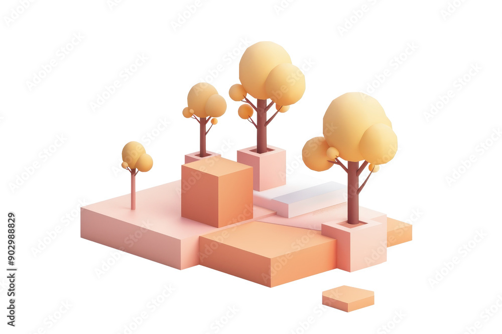 Poster minimalistic 3d isometric illustration with abstract geometric shapes and stylized trees in soft pas