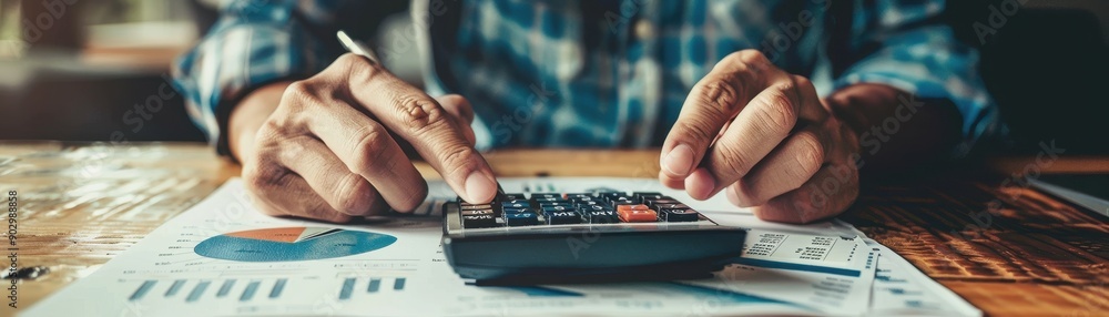 Poster a man is using a calculator to add numbers on a piece of paper. concept of focus and concentration a