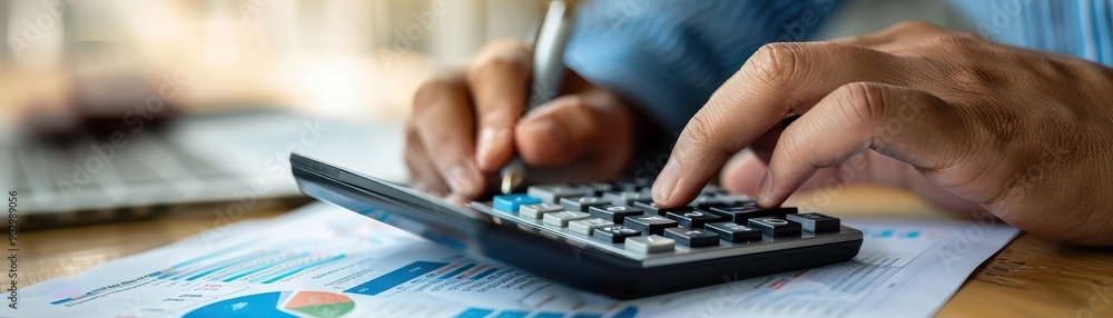 Poster a man is using a calculator to add numbers on a piece of paper. concept of focus and concentration a