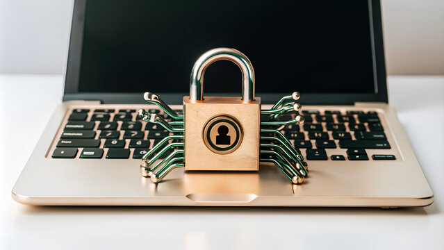 Golden padlock on laptop keyboard, symbolizing data protection and illustrating a cyber security concept.