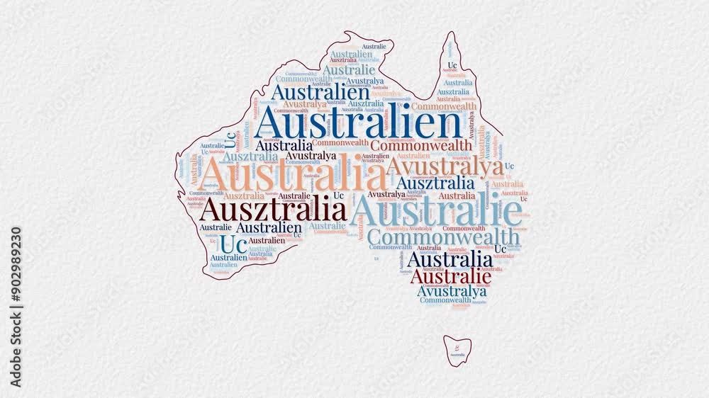 Poster australia logo animation featuring a word cloud of country names in multiple languages on a paper-st