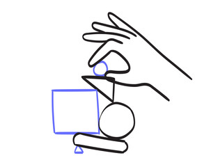 Hands organize abstract shapes in structure or system and analyse result. Data and information analytics and order in doodle line drawing style. Vector illustration of person search balance harmony.