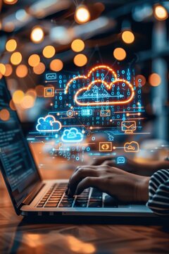 A woman is typing on a laptop with a cloud symbol on the screen. Concept of productivity and focus, as the woman is working on a task or project