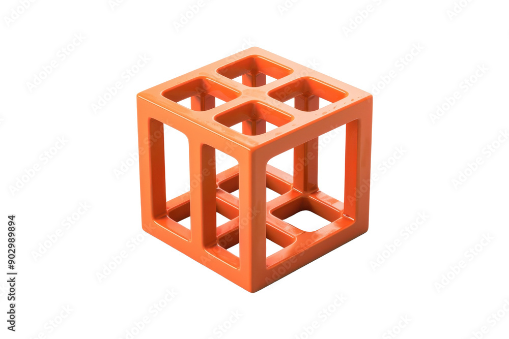 Poster orange 3d geometric cube with hollow grid structure on a transparent background. perfect for modern 