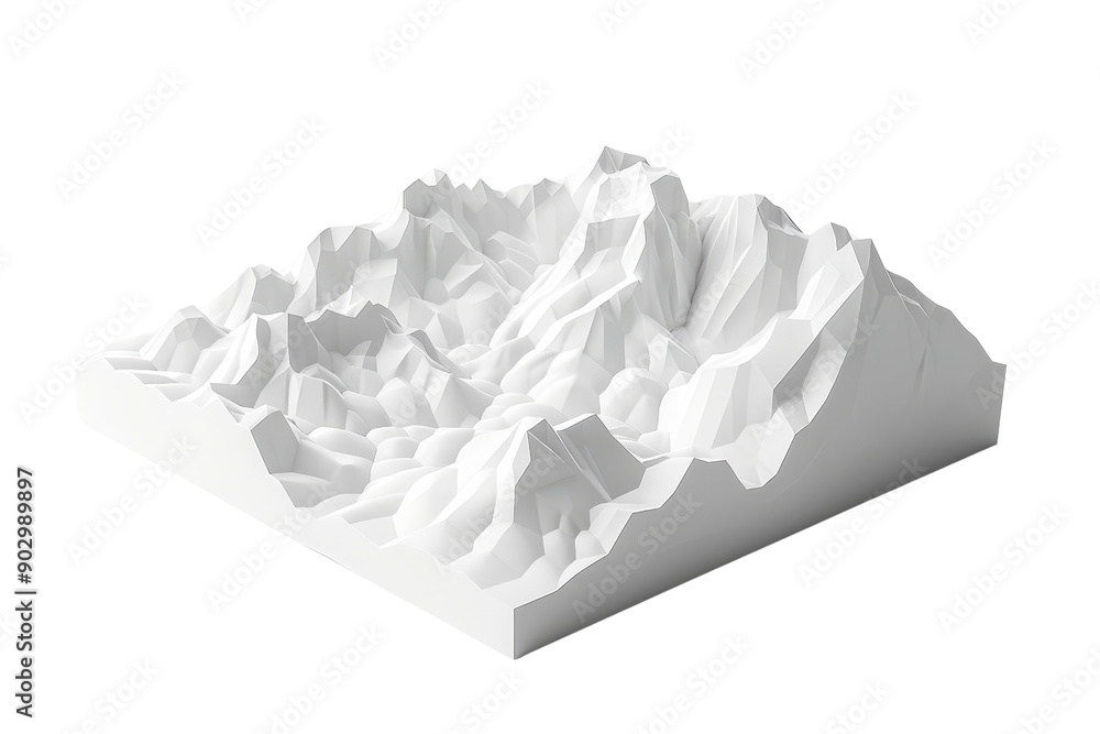 Poster monochrome 3d terrain model showcasing mountainous topography with sharp peaks and valleys, isolated