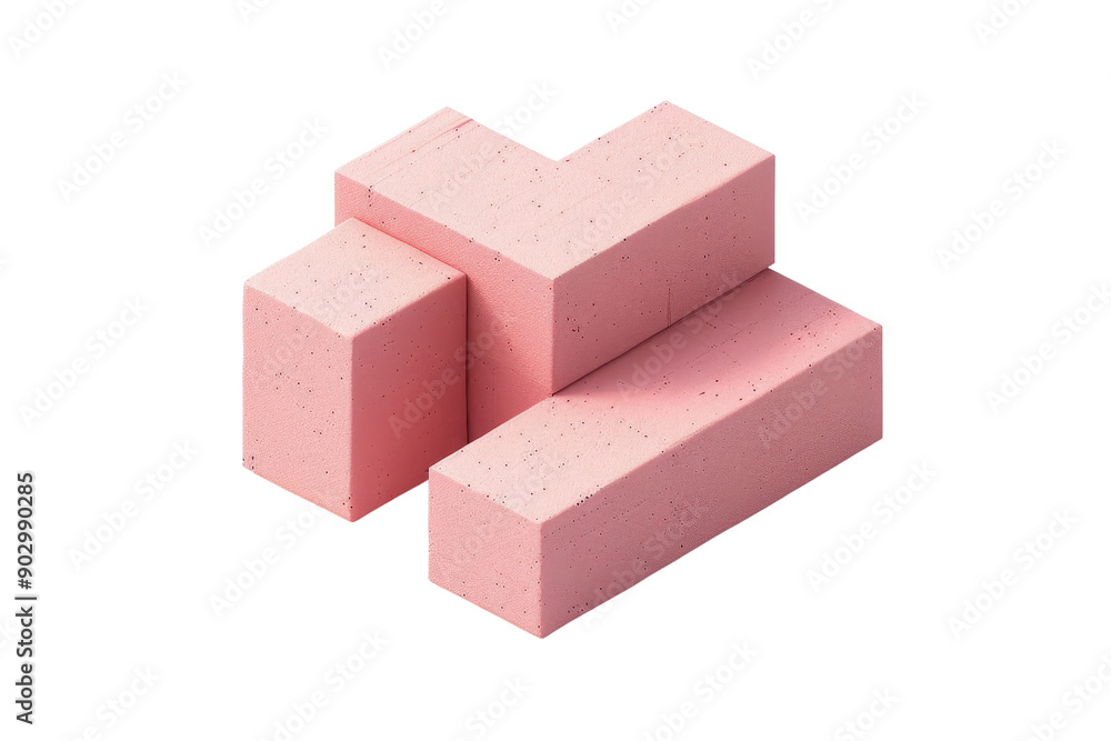Poster three pink geometric erasers arranged in a unique shape on a transparent background. minimal and mod