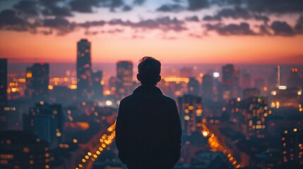 Fototapeta premium A person stands silhouetted against a stunning city skyline, gazing at the colorful dusk as city lights start to illuminate