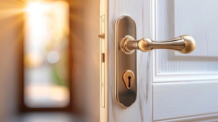Obraz premium A vintage door knob gleams as it opens to reveal a bright, inviting room filled with natural light and greenery