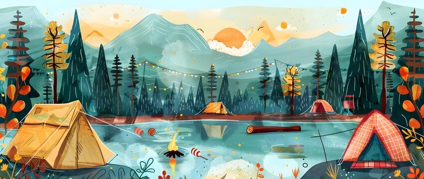 Plaid and Camping Themed Doodle Page Print Border Design