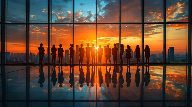 A group of people stands silhouetted by a stunning sunset, reflecting on the glass floor of a high-rise building in the city - Powered by Adobe
