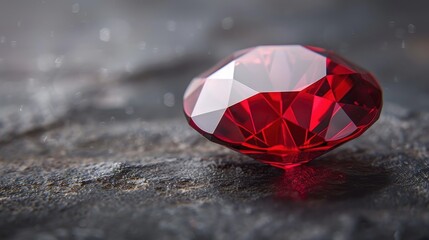 A red diamond is on a rocky surface. The diamond is cut into a triangular shape. The image has a moody and mysterious feel to it